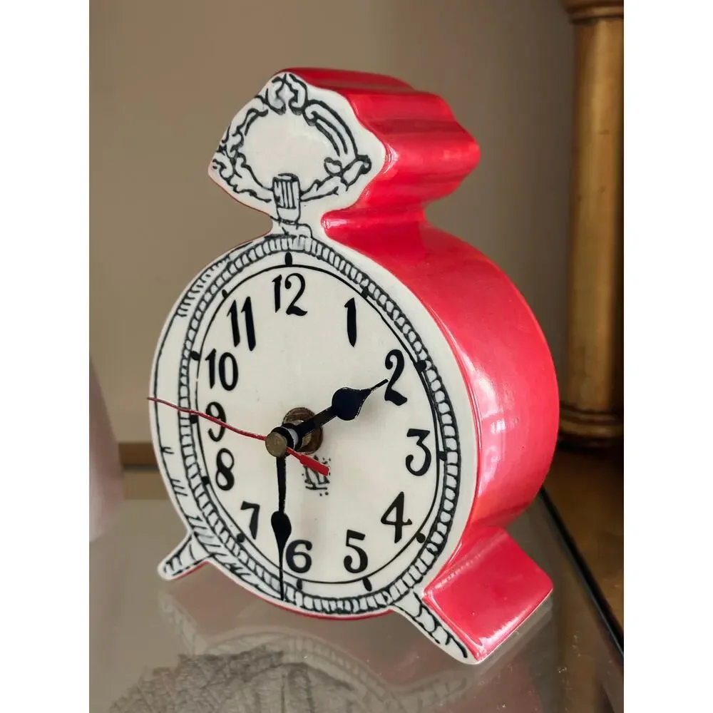 Anthropologie Tick Tock Clock MOLLY HATCH Red Ceramic, White Face